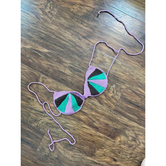 Crochet Bikini shirt Top With Tri-Color Design Purple Green & Brown Zara Sz Sm - Picture 1 of 6
